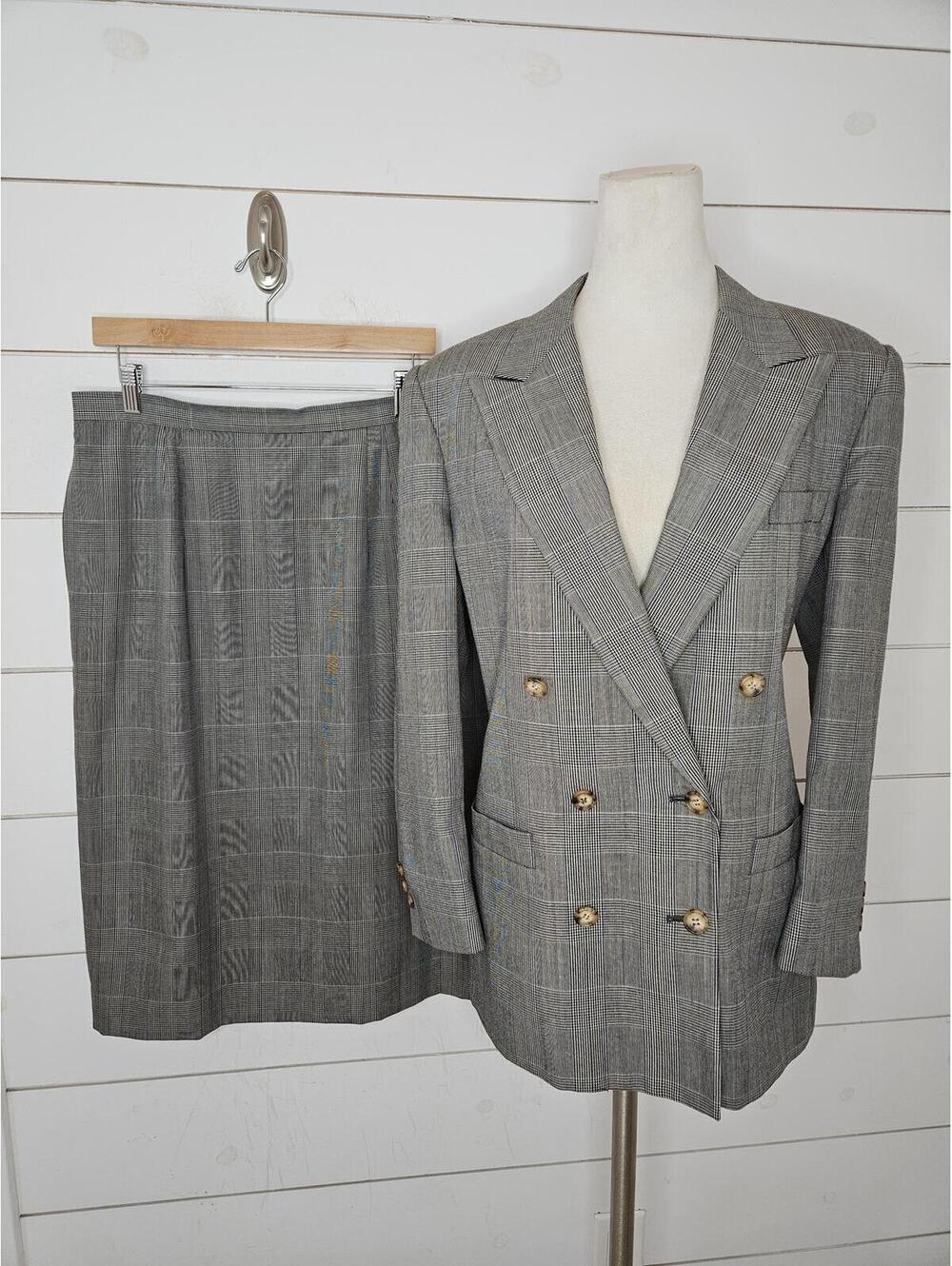 Vintage Barrie Pace size 12 black white red plaid double breasted skirted suit